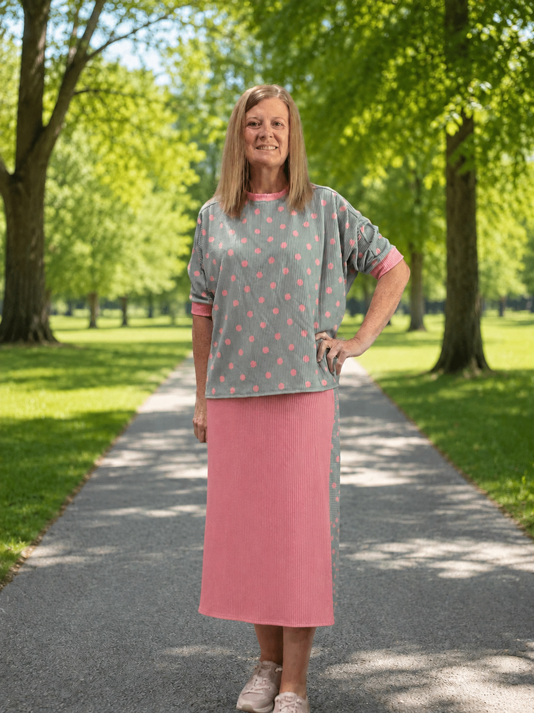 Light Sage & Pink Polka Dot Skirt Set 1X-2X shipping 8/24/26