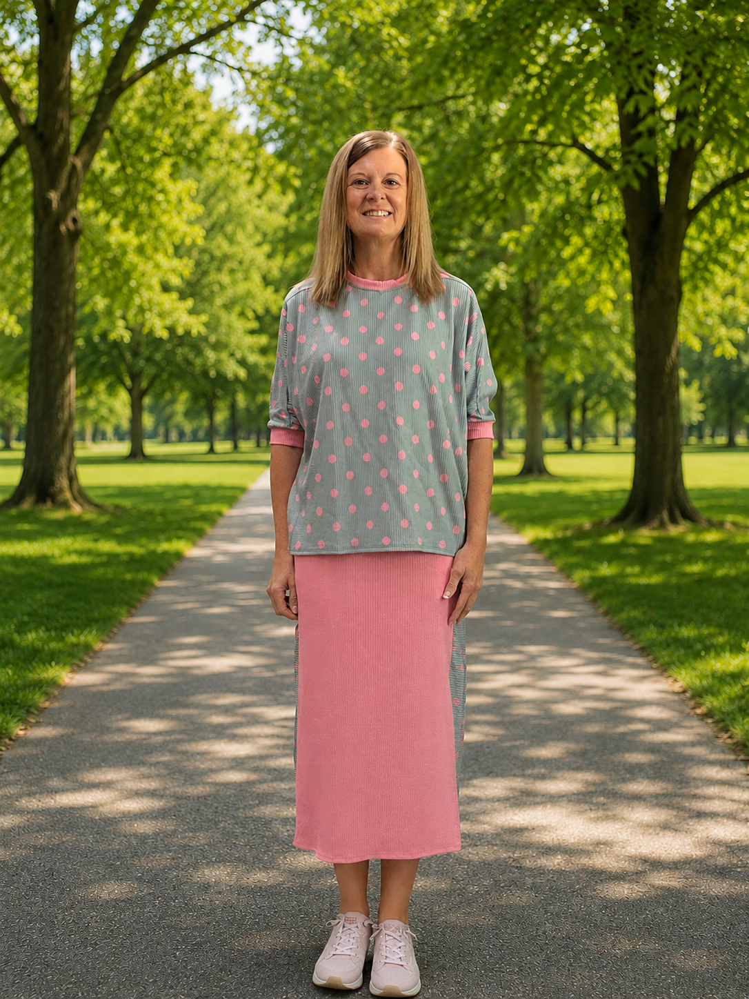 Light Sage & Pink Polka Dot Skirt Set 1X-2X shipping 8/24/26