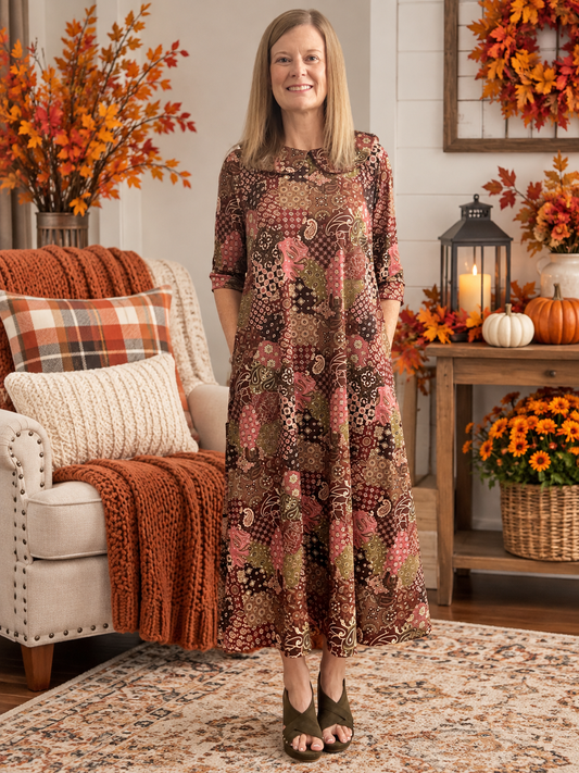 Malia-Peter Pan Collar Fall Patchwork Dress