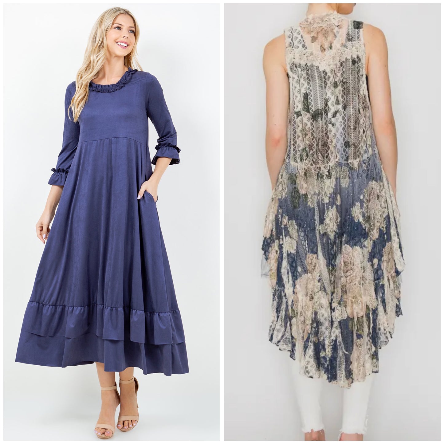 Suede Ruffle Dress-Navy & Rust