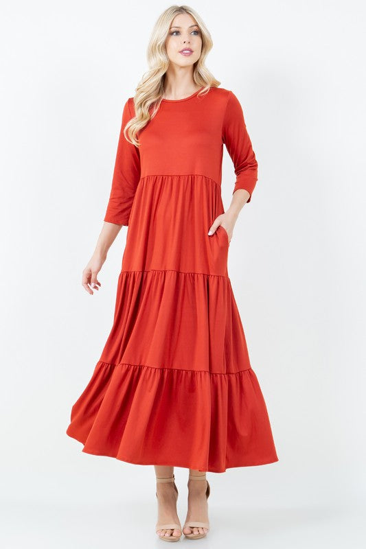 Tiered Dress-Brown, Copper, Denim, & Red