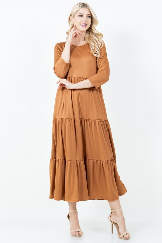Tiered Dress-Brown, Copper, Denim, & Red