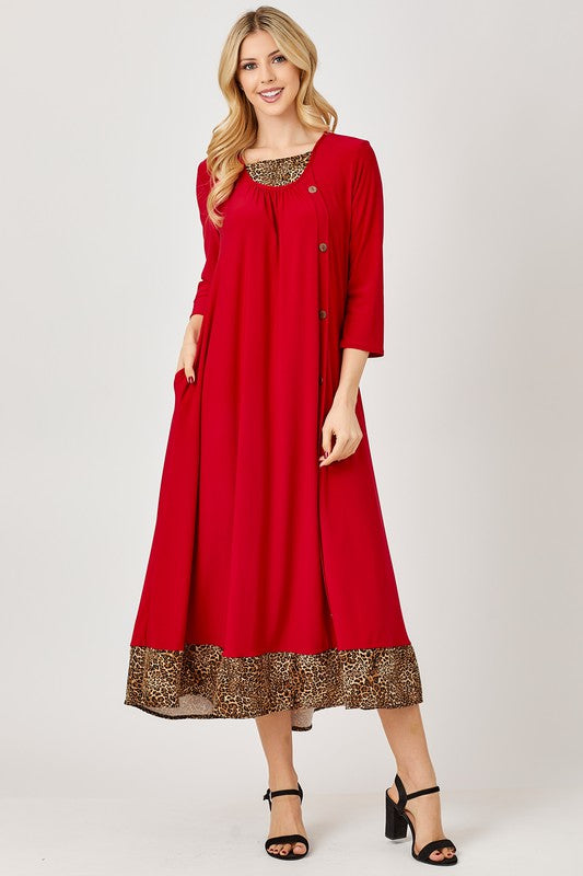 Leopard Button Dress-Red & Black