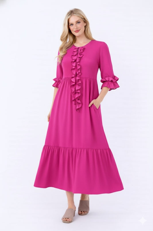 Fuchsia Ruffle Front Dress