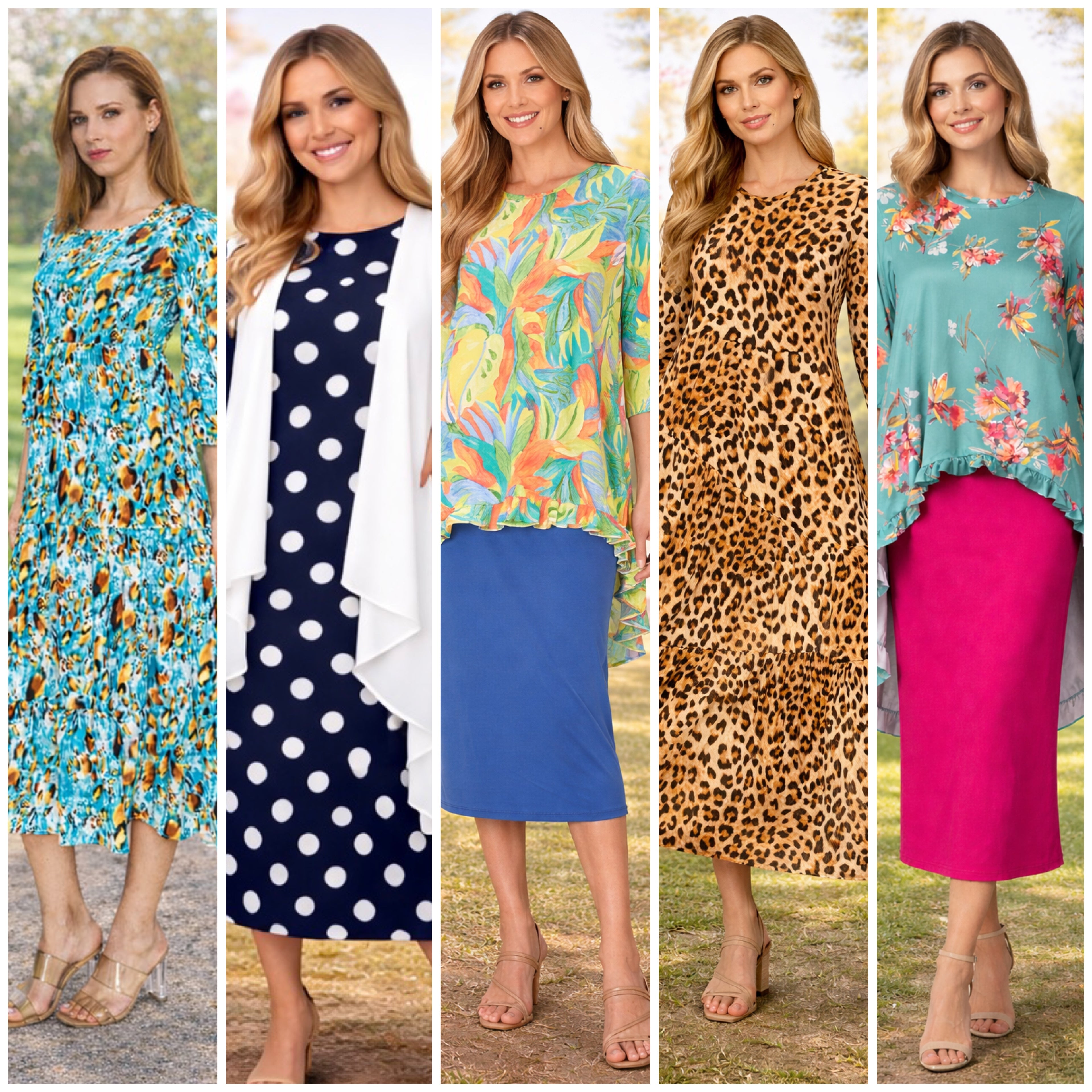 Five women wearing different outfits with various patterns and colors.